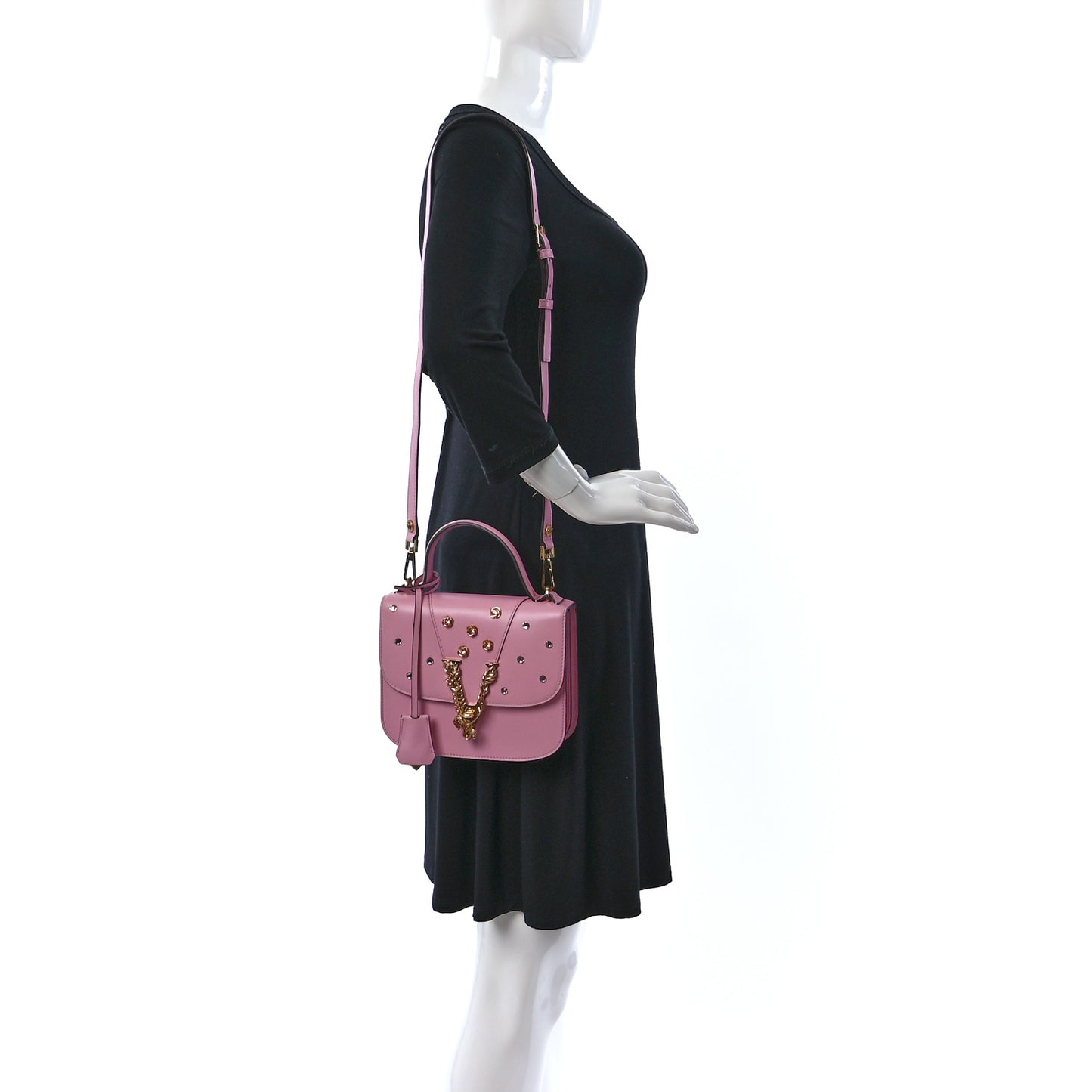 Vitello Barocco Crystal Virtus Small Top Handle Shoulder Bag Rosa