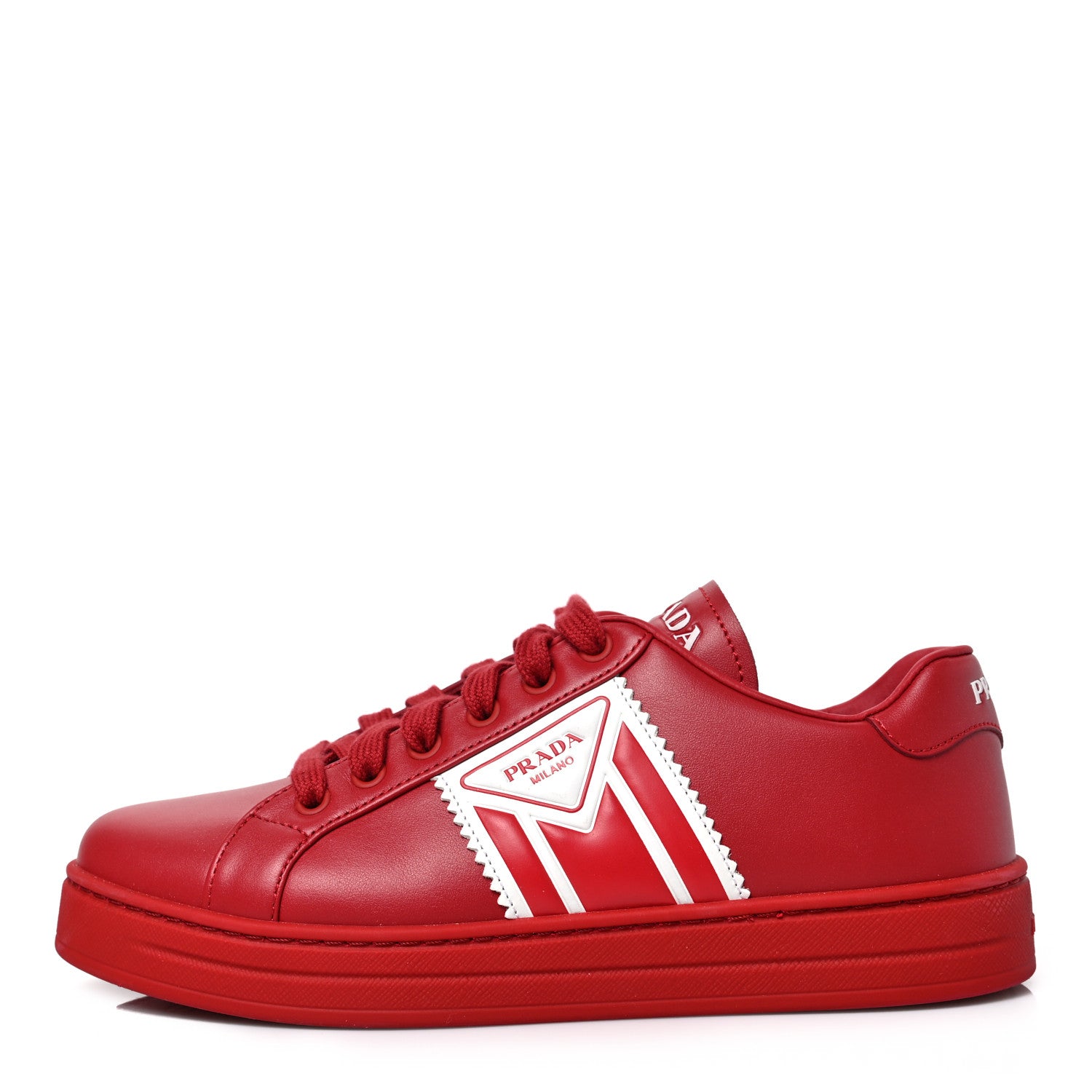 Prada Vitello Soft Triangle Logo Womens Low Top Sneakers 37.5 Rosso White 1 of 8
