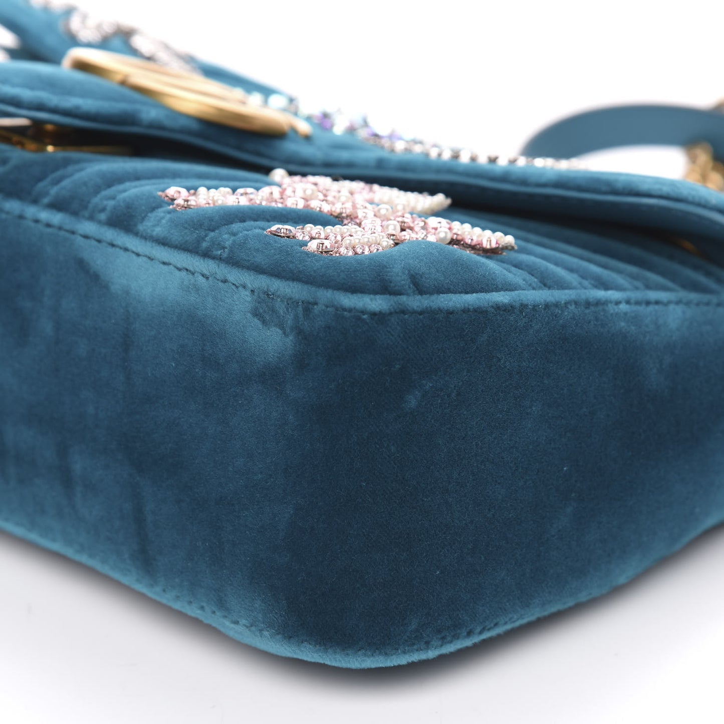 Velvet Matelasse Embroidered Small GG Marmont Shoulder Bag Pavone Cyan