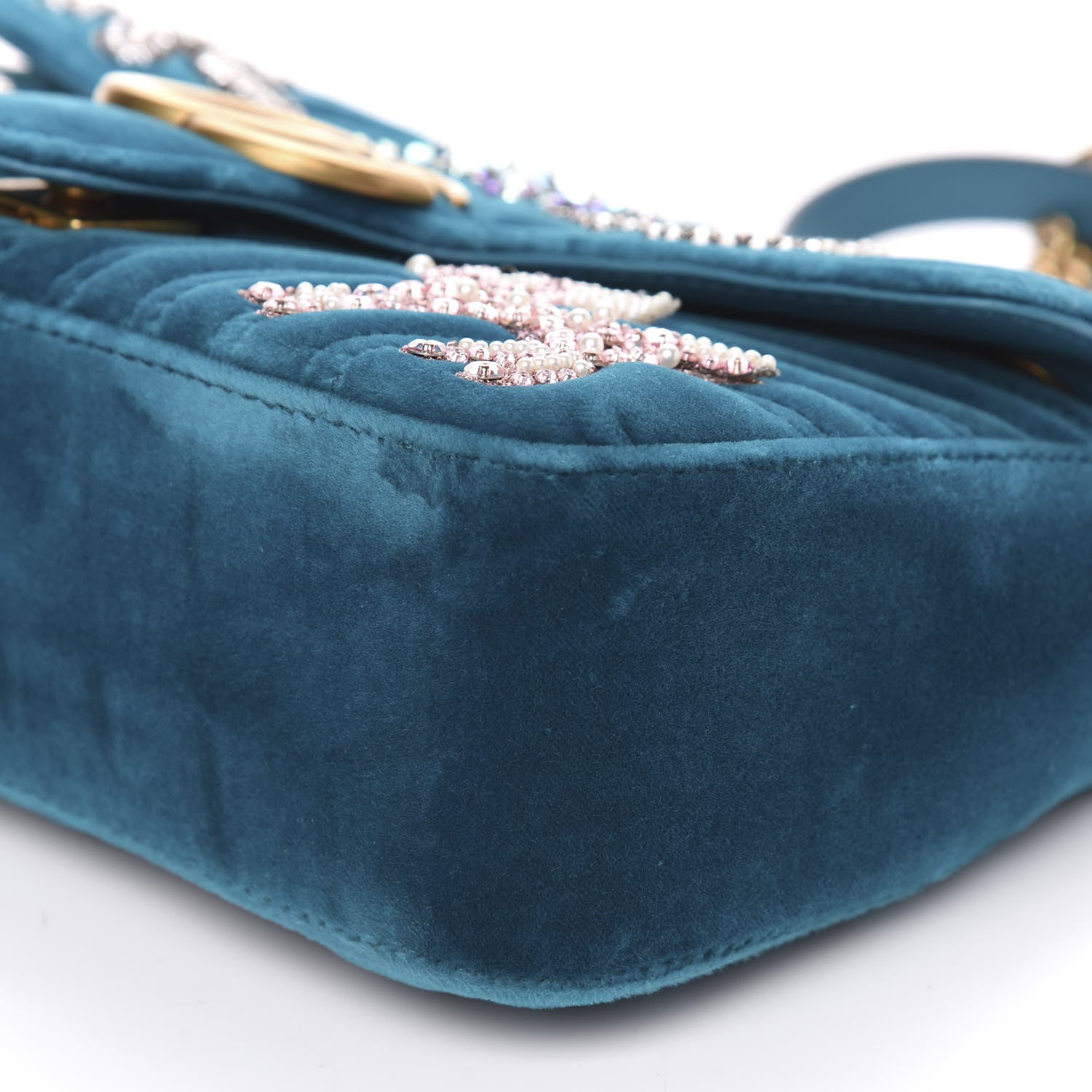 Gucci Velvet Matelasse Embroidered Small GG Marmont Shoulder Bag Pavone Cyan 9 of 12