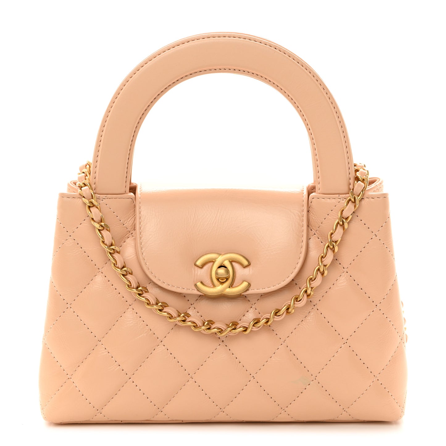 Shiny Aged Calfskin Quilted Nano Kelly Shopper Beige
