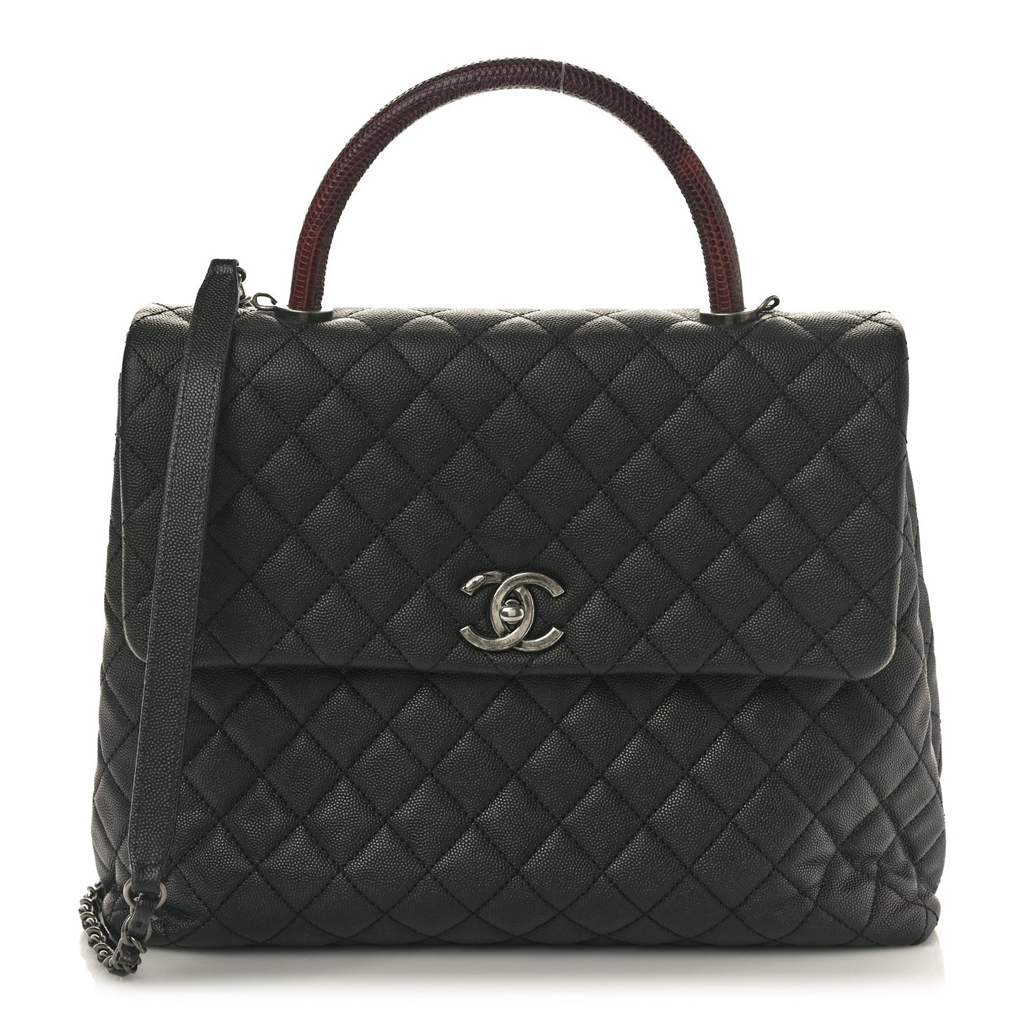 Caviar Lizard Quilted Large Coco Handle Flap Black