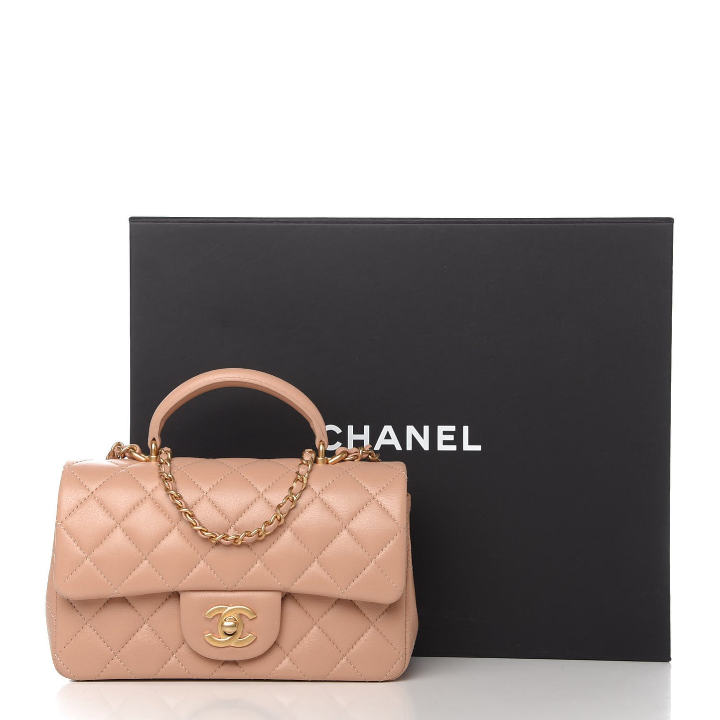 Lambskin Quilted Mini Top Handle Rectangular Flap Beige