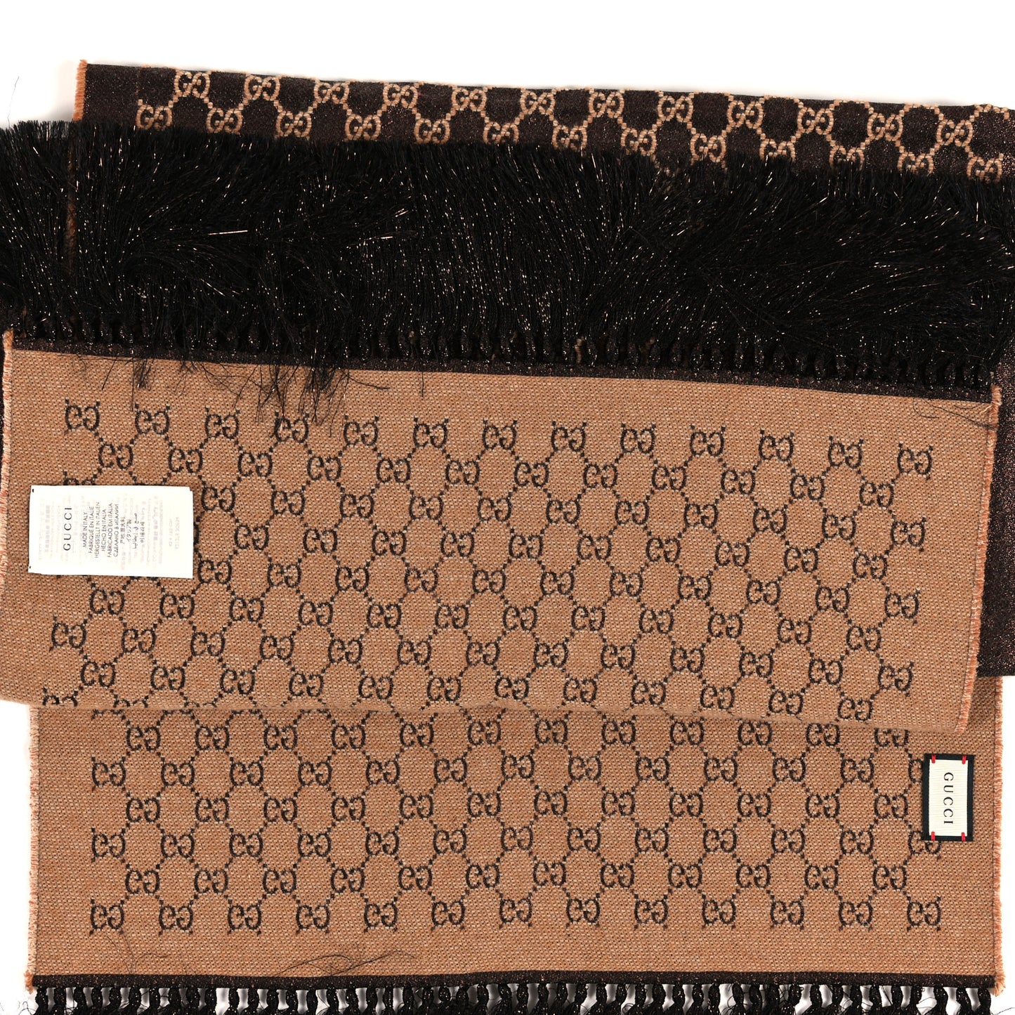 Wool Jacquard Knit GG Monogram Laxy Fringe Scarf Mahogany