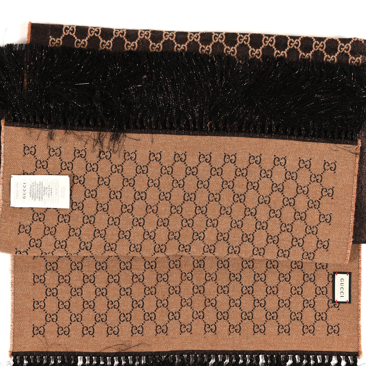 Gucci Wool Jacquard Knit GG Monogram Laxy Fringe Scarf Mahogany 3 of 3