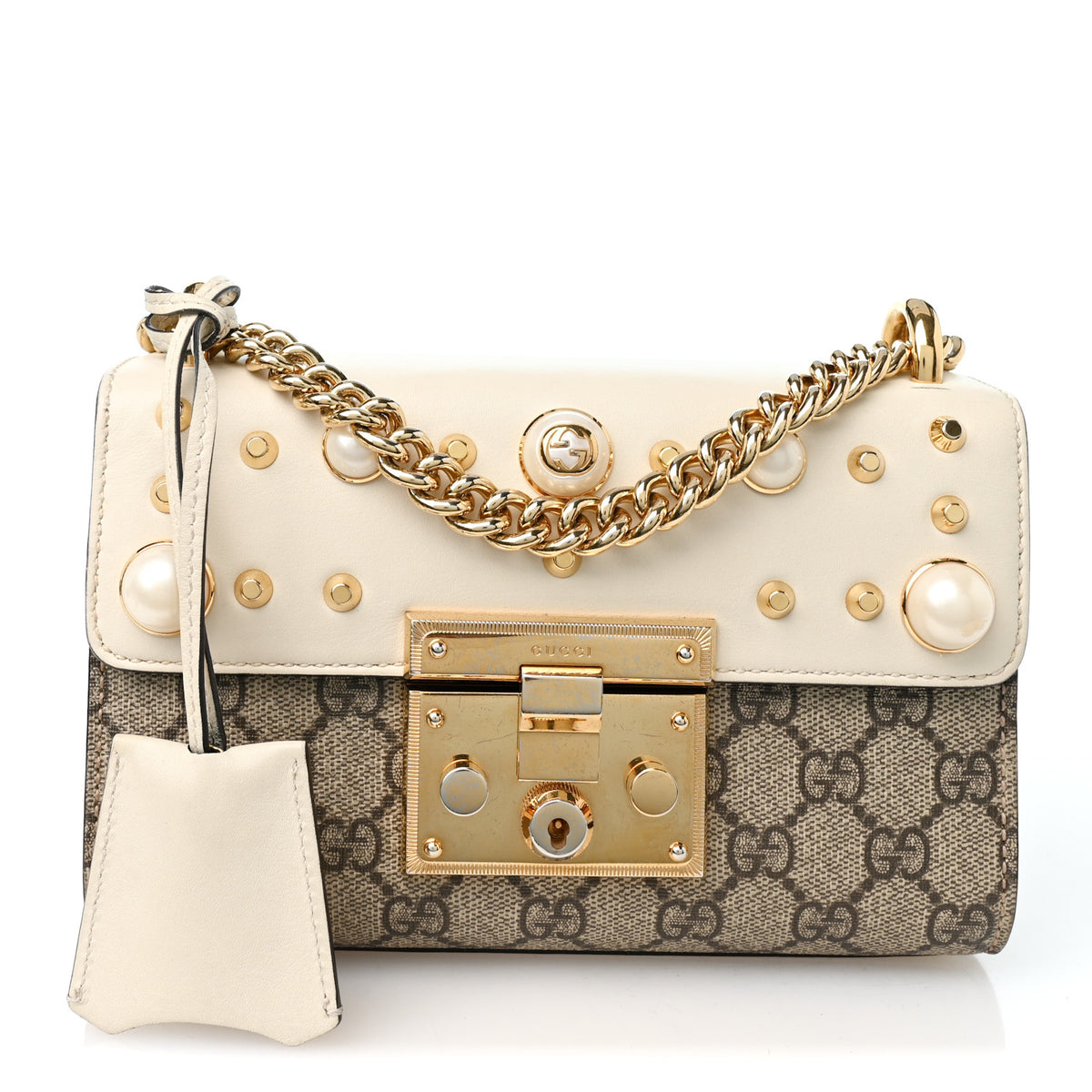 GG Supreme Monogram Studded Small Padlock Shoulder Bag White