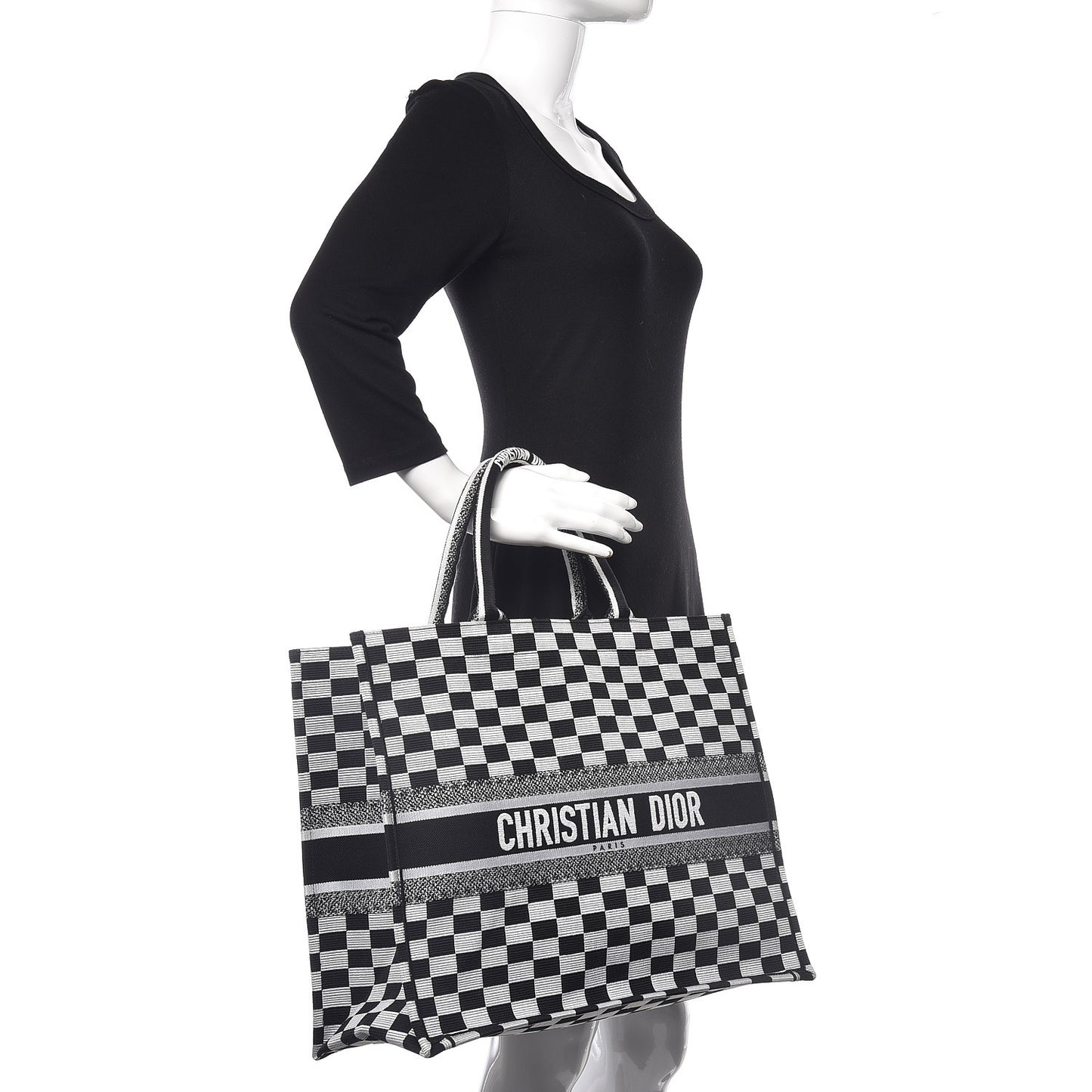 Canvas Embroidered Checkered Book Tote Black White