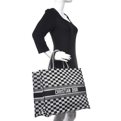 Christian Dior Canvas Embroidered Checkered Book Tote Black White 2 of 9