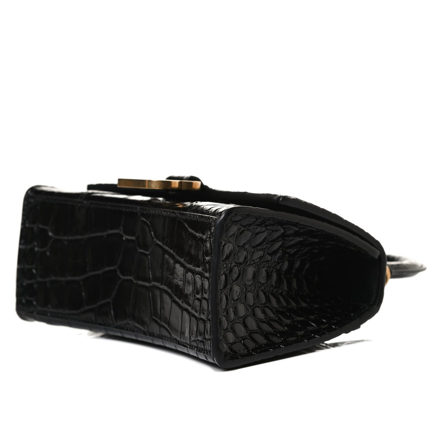 Shiny Calfskin Crocodile Embossed Hourglass Top Handle Bag XS Black