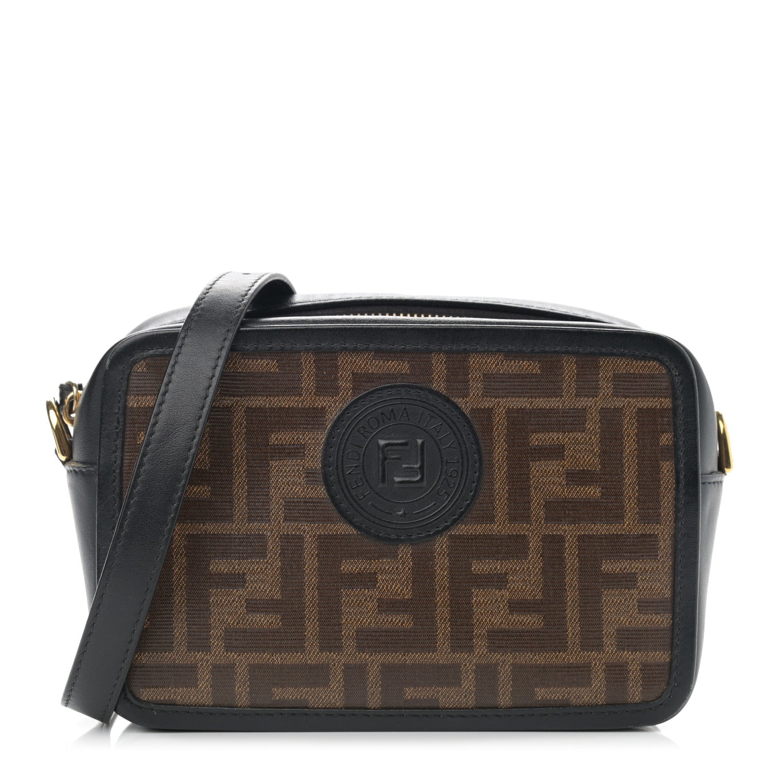 Fendi Glazed Fabric Vitello Century FF 1974 Stamp Patch Mini Camera Case Mogano Panna Black 1 of 11