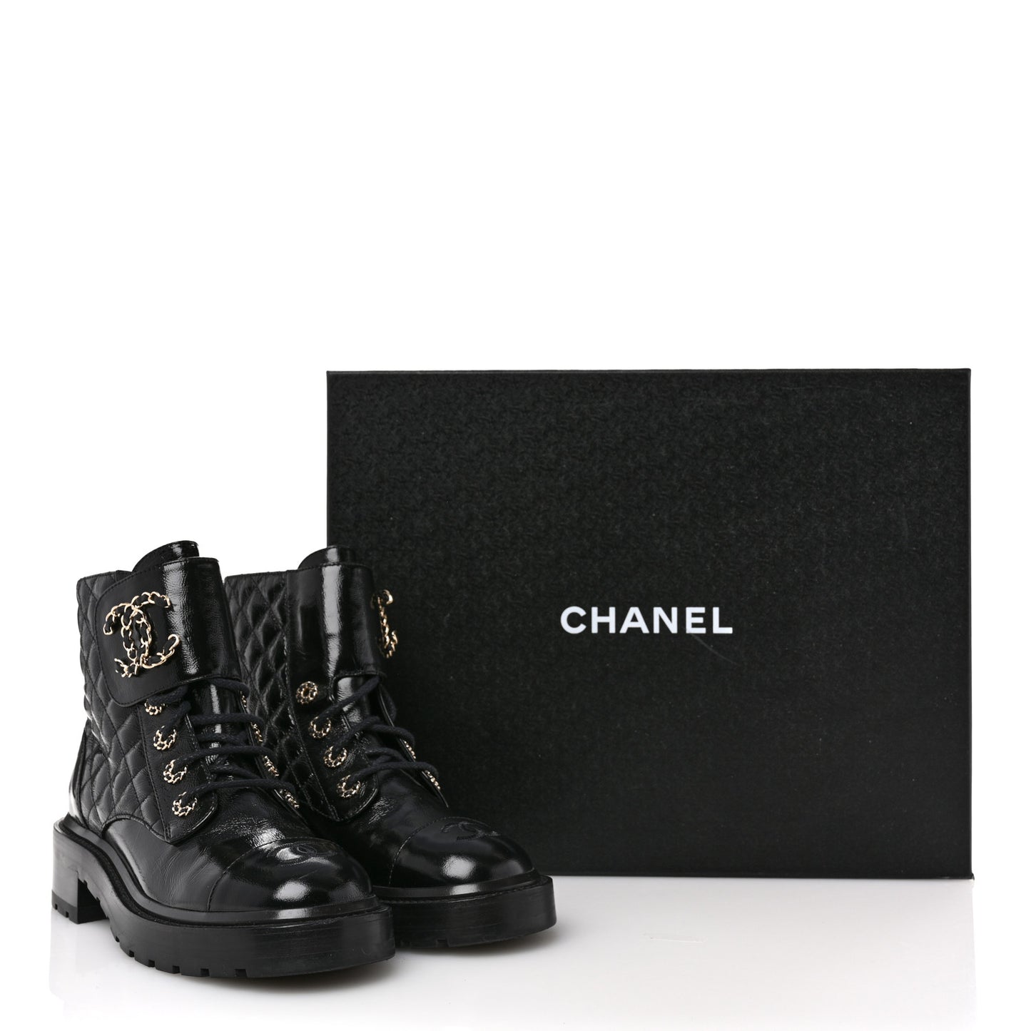 Shiny Lambskin Quilted Lace Up Combat Boots 37.5 Black