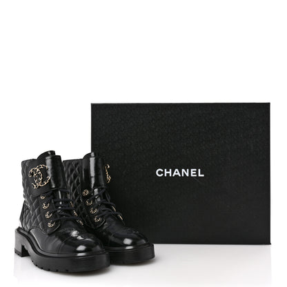 Chanel Shiny Lambskin Quilted Lace Up Combat Boots 37.5 Black 10 of 10