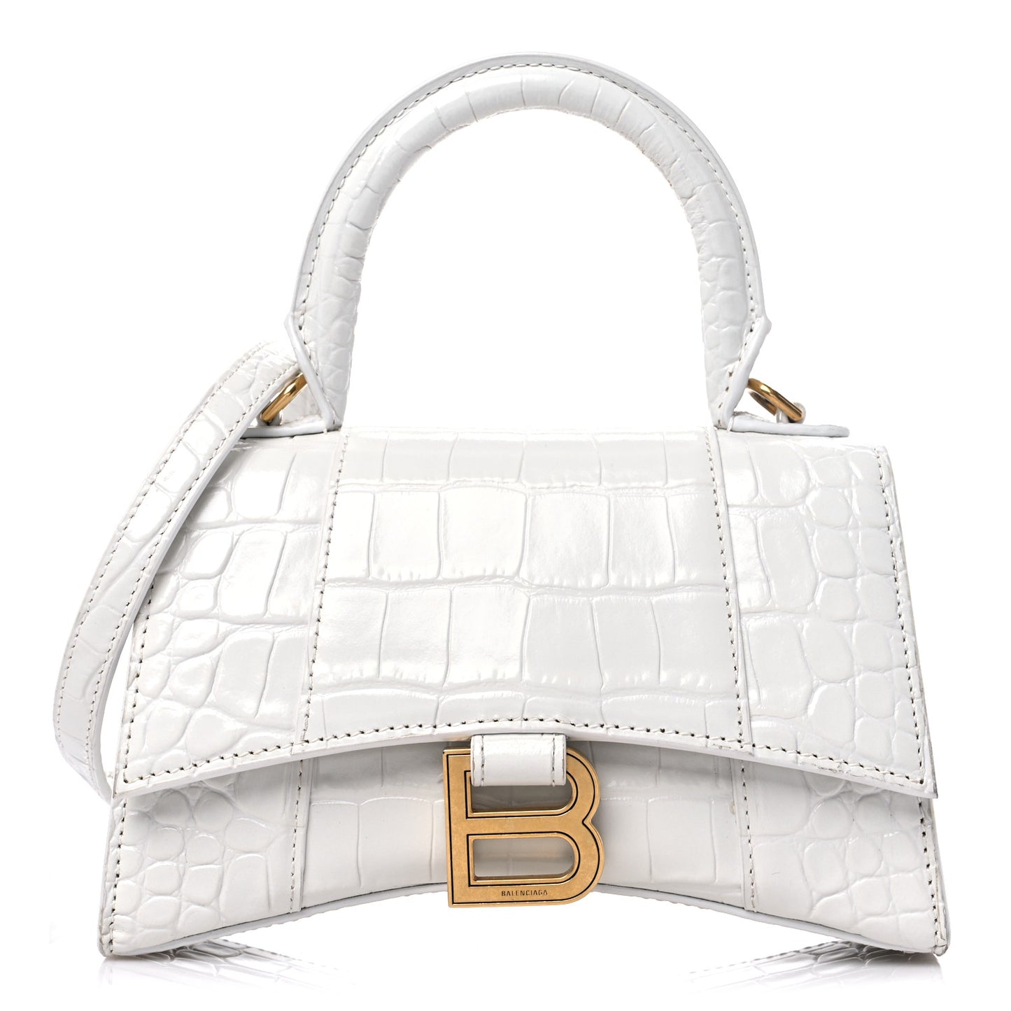 Shiny Calfskin Crocodile Embossed Hourglass Top Handle Bag XS White