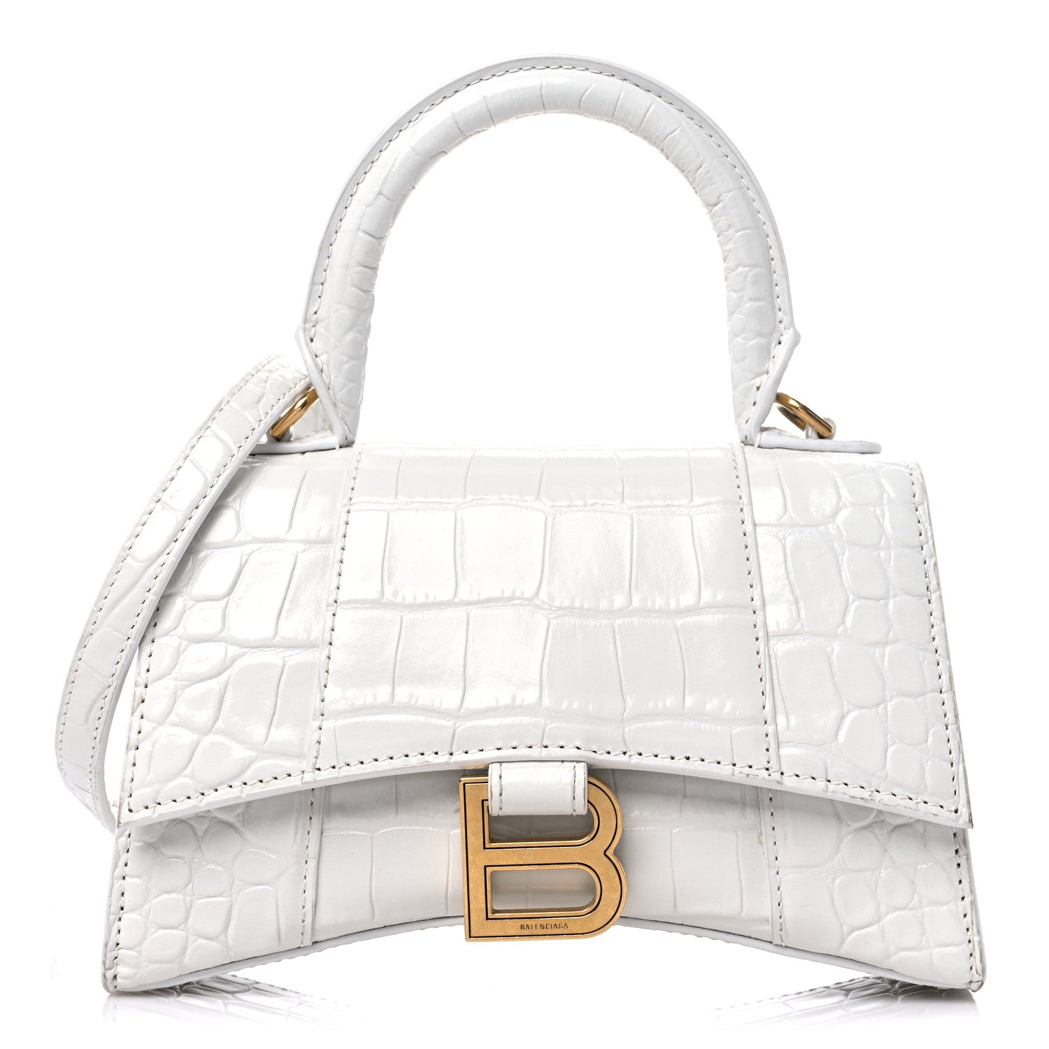 Balenciaga Shiny Calfskin Crocodile Embossed Hourglass Top Handle Bag XS White 1 of 13