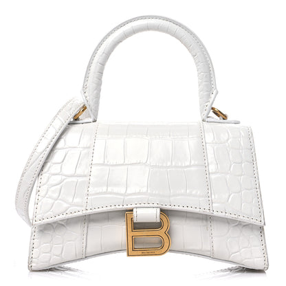 Balenciaga Shiny Calfskin Crocodile Embossed Hourglass Top Handle Bag XS White 1 of 13