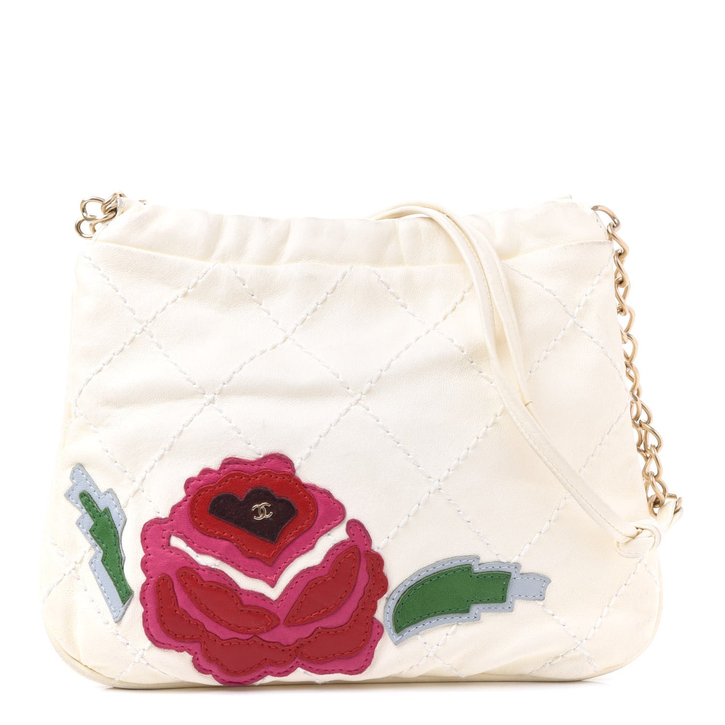 Lambskin Stitched Camellia Shoulder Bag White