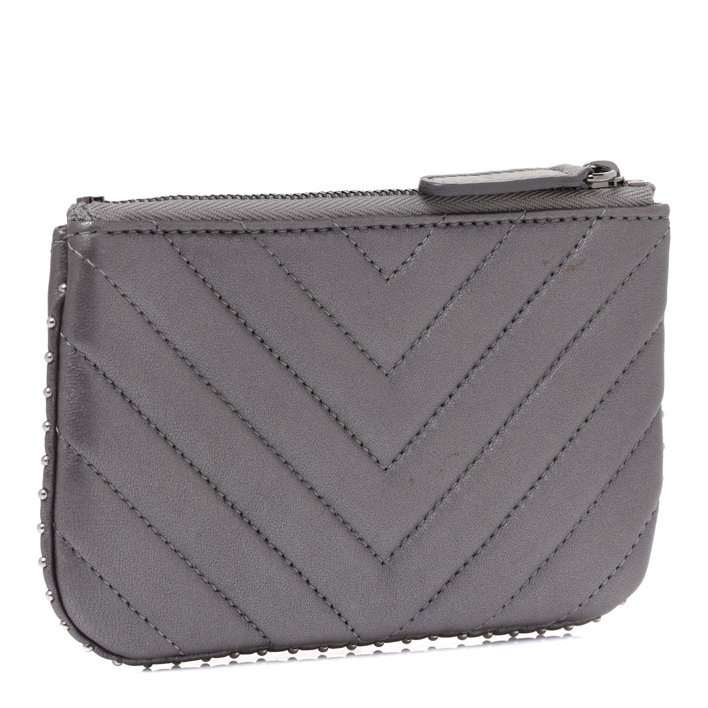 Lambskin Chevron Quilted Studded Small Cosmetic Case Grey
