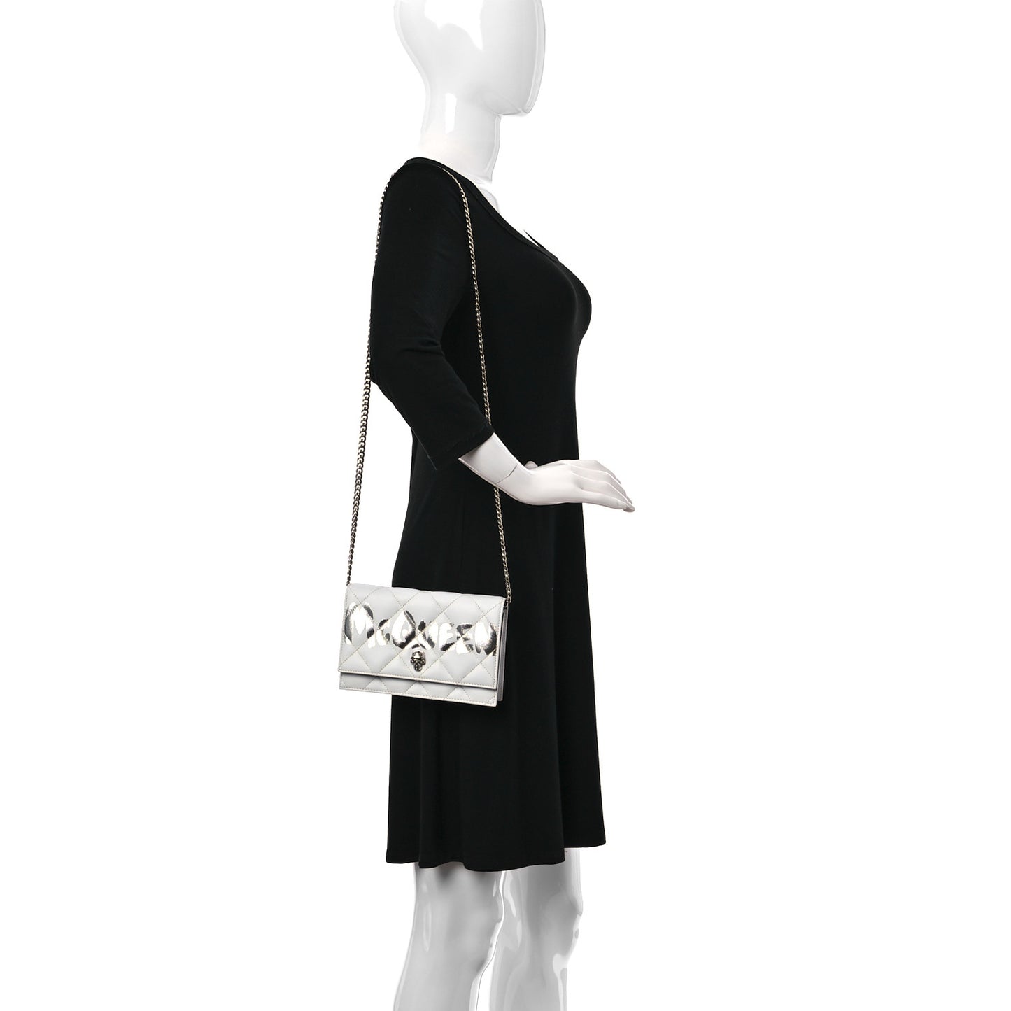 Calfskin Quilted Graffiti Skull Mini Chain Crossbody Bag White Silver