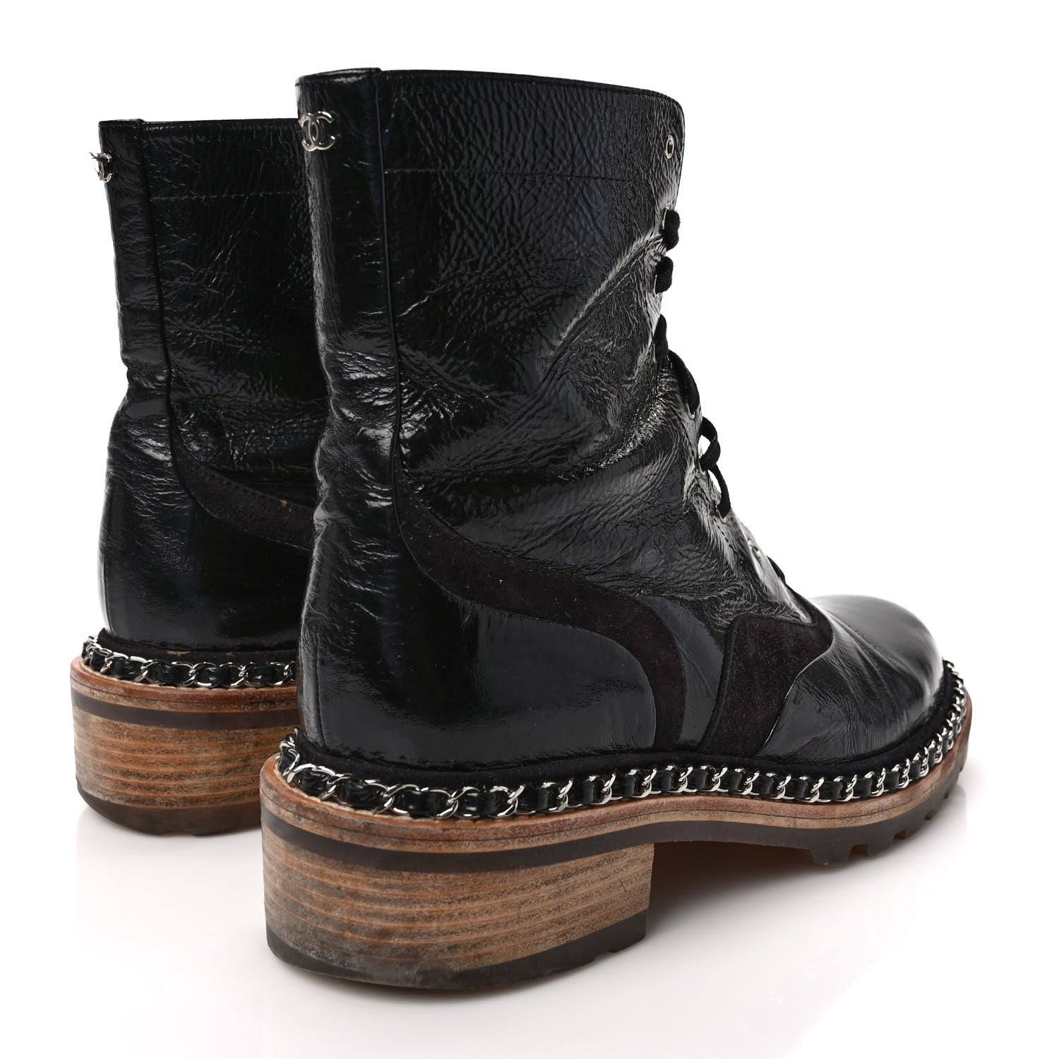 Chanel Patent Lace Up Chain Boots 40 Black 4 of 9