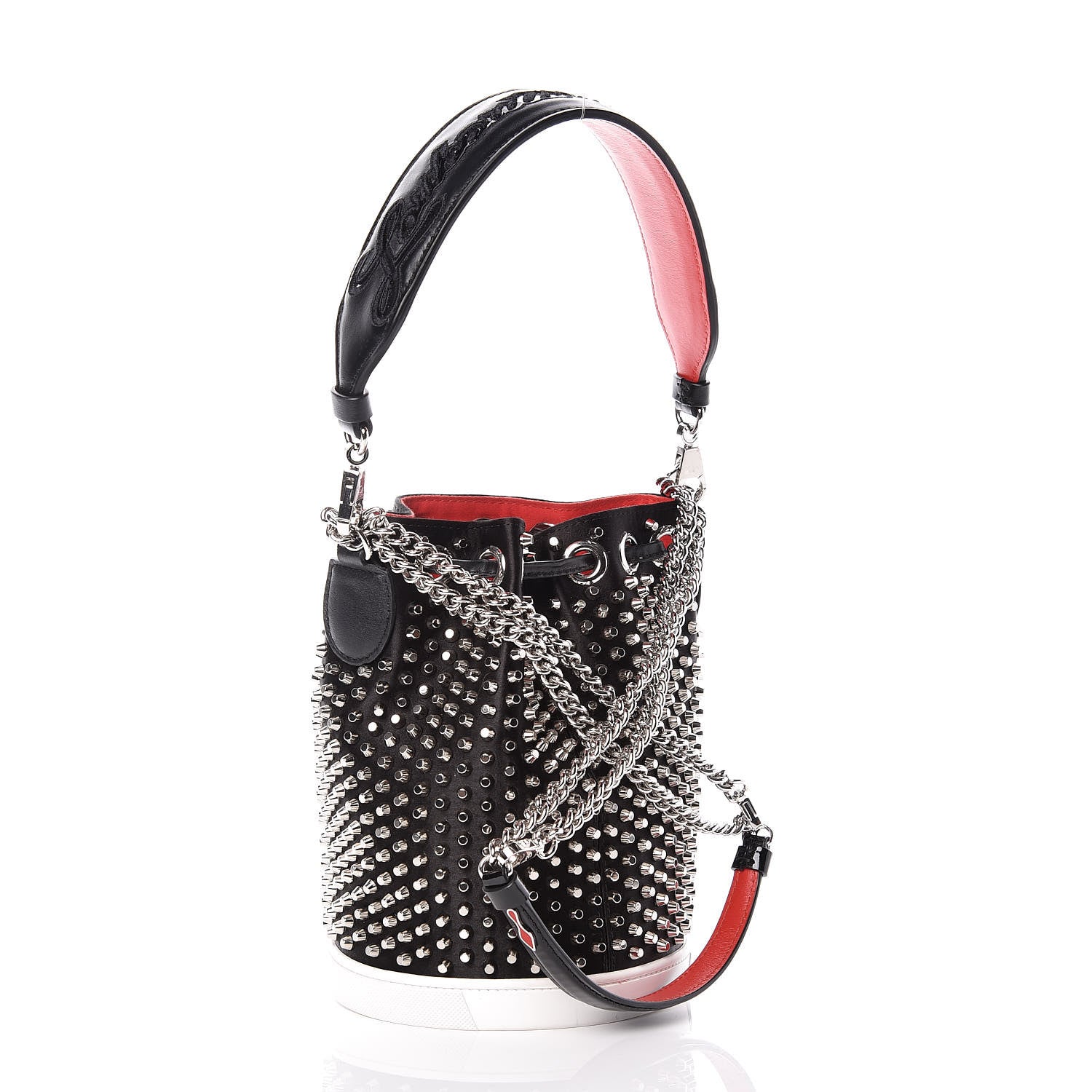 Christian Louboutin Silk Satin Calfskin Marie Jane Loubirun Studded Bucket Black Silver 4 of 12