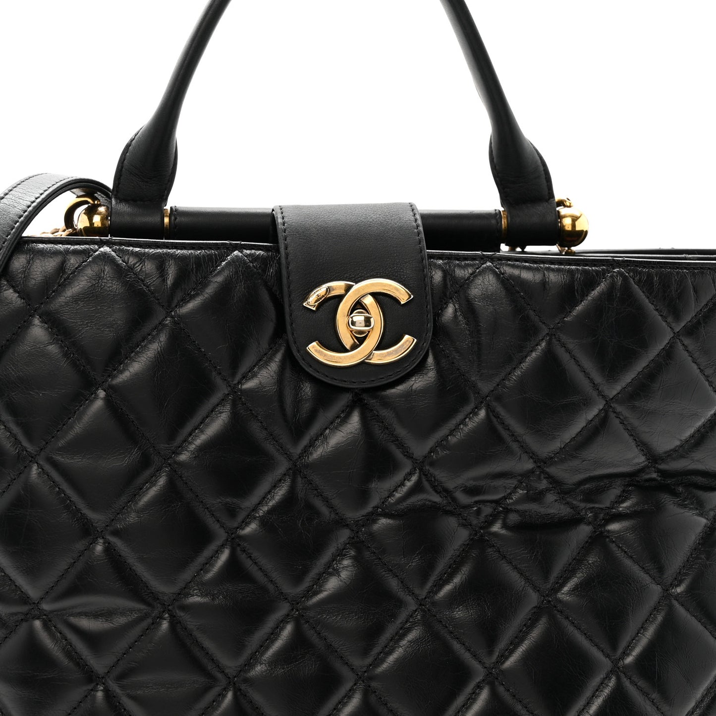 Glazed Calfskin Quilted Gold Bar Tote Black