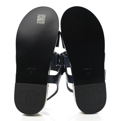 Chanel Tweed Lambskin Velcro Dad Sandals 37 Navy Black 5 of 8