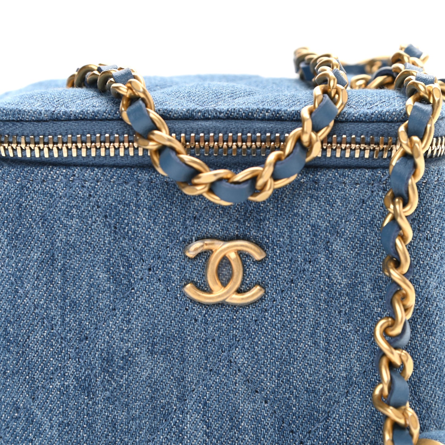 Denim Quilted Mini Pearl Crush Vanity Case With Chain