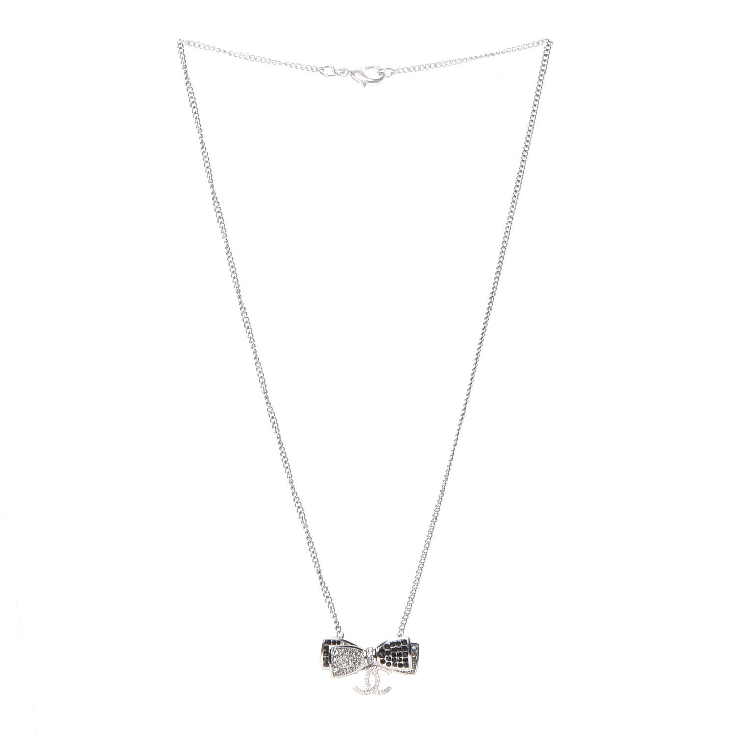 Crystal CC Bow Necklace Silver Black