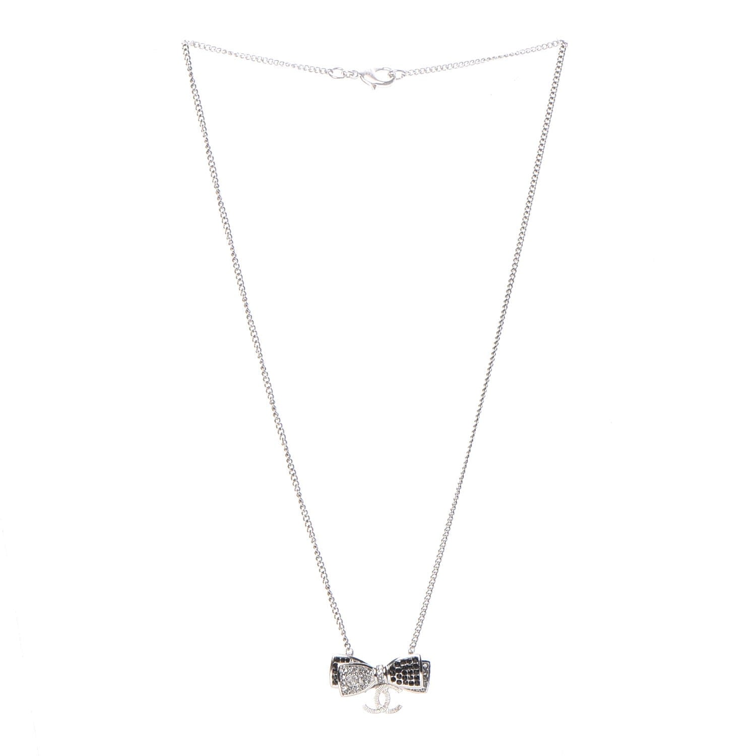 Chanel Crystal CC Bow Necklace Silver Black 3 of 5