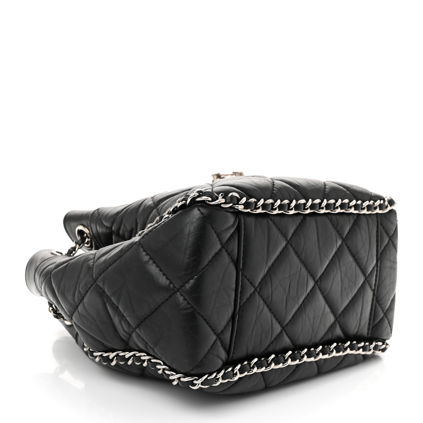 Crumpled Calfskin Quilted Chain All Over Drawstring Bucket Bag Black