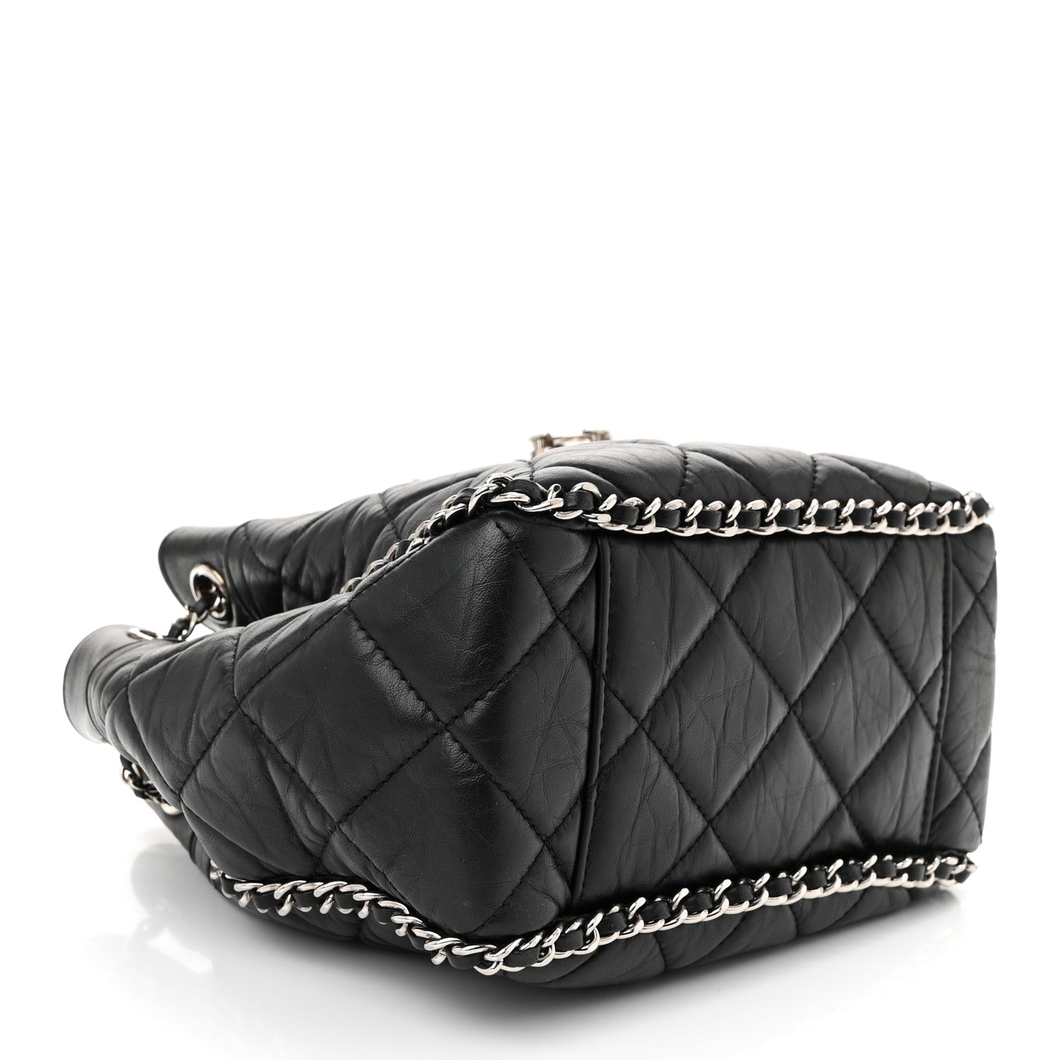 Chanel Crumpled Calfskin Quilted Chain All Over Drawstring Bucket Bag Black 4 of 10