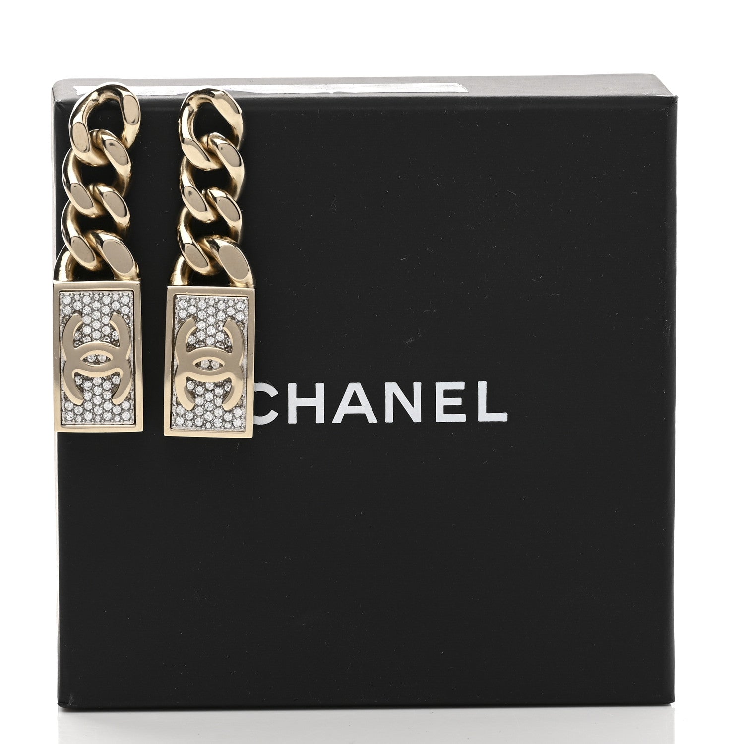 Chanel Crystal Dog Tag Charm Earrings Gold 5 of 5