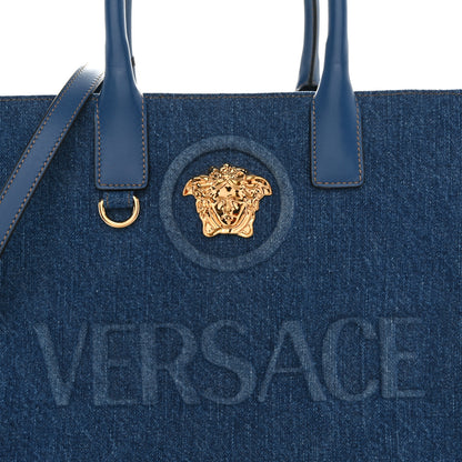 Versace Denim Calfskin La Medusa Small Tote Bag Blue 8 of 10