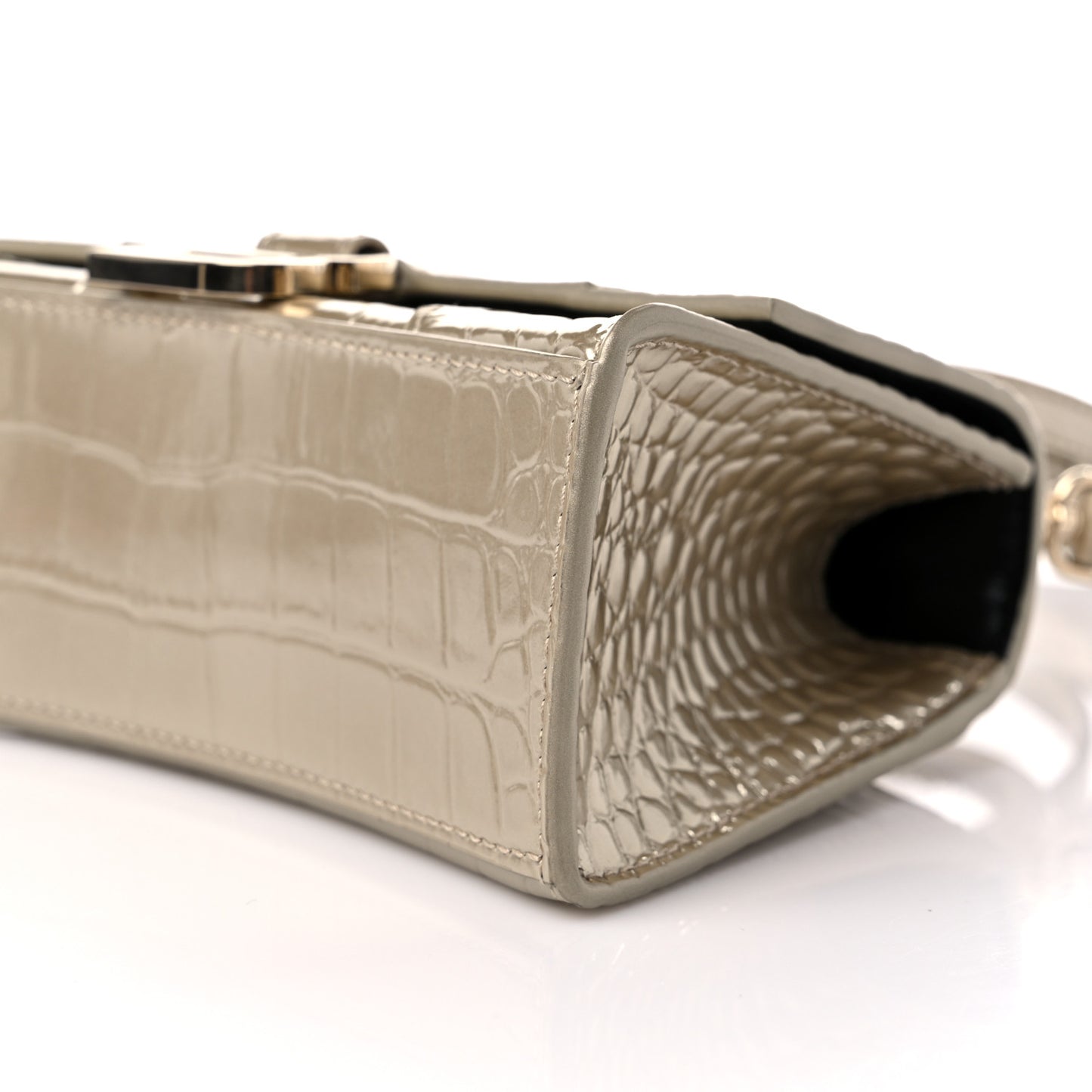 Metallic Shiny Calfskin Crocodile Embossed Hourglass Top Handle Bag XS Gold