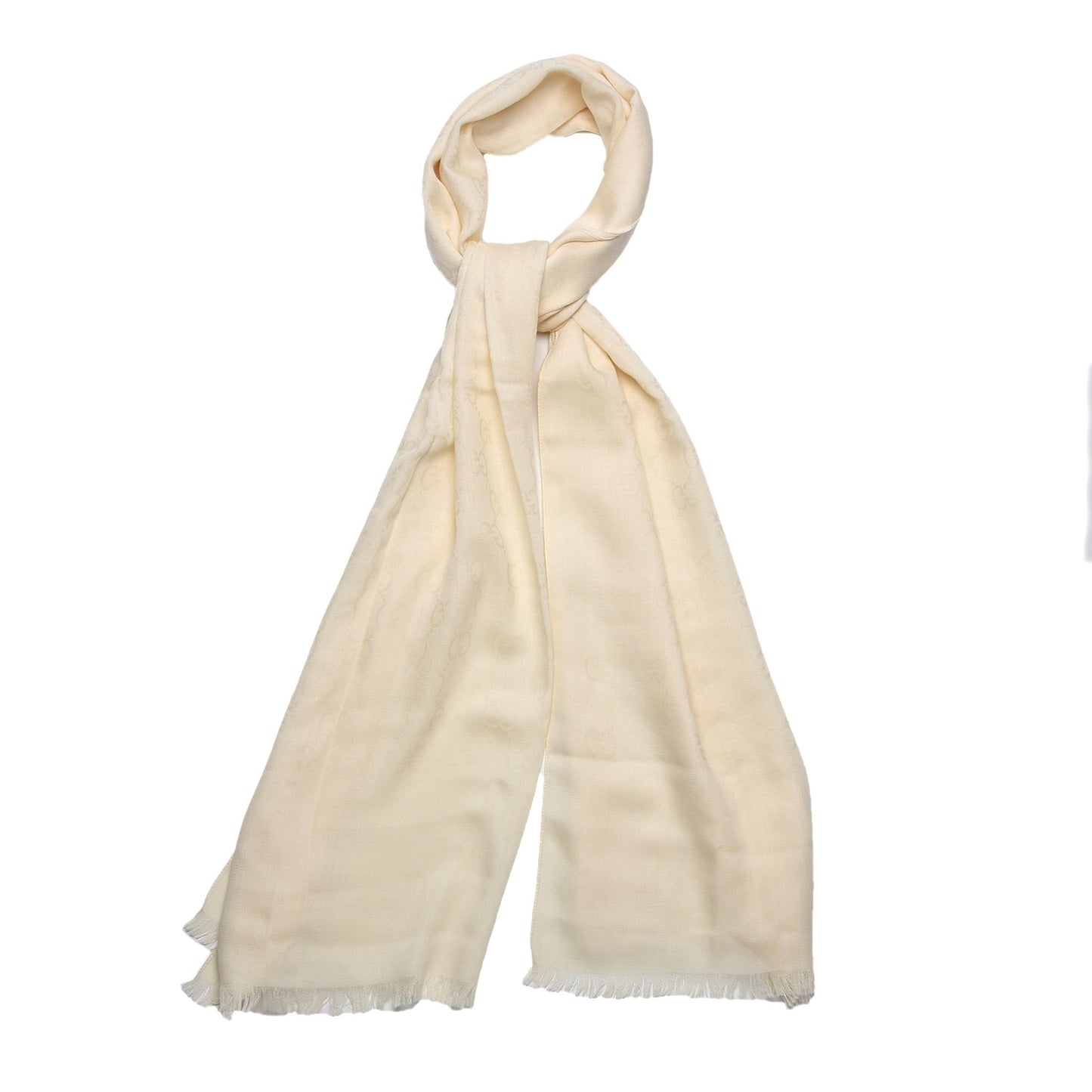Wool Silk Monogram Fringe Scarf Natural