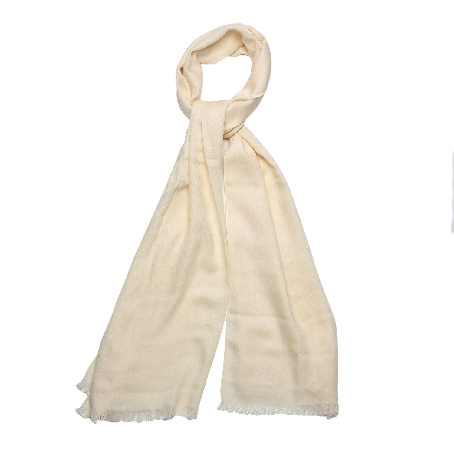 Gucci Wool Silk Monogram Fringe Scarf Natural 1 of 6
