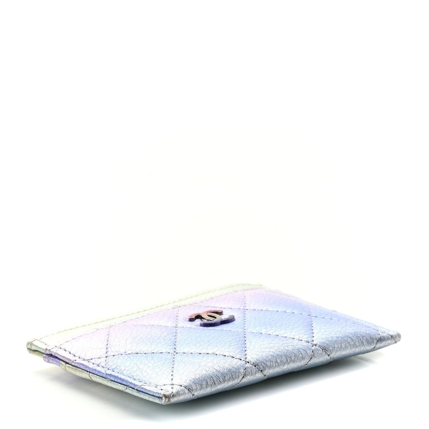 Gradient Metallic Calfskin Quilted Card Holder Silver Blue Yellow Purple