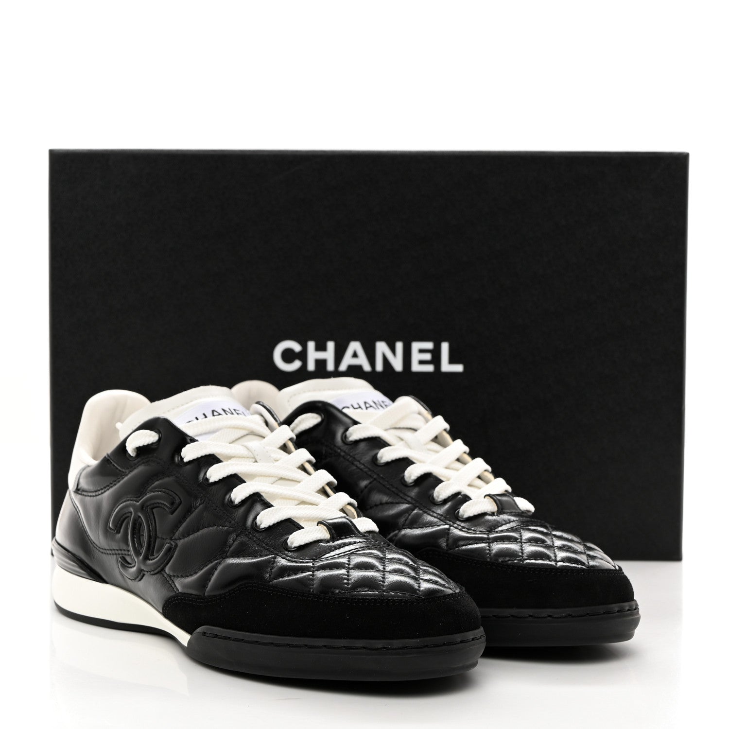 Chanel Calfskin Suede Quilted Womens Logo Sneakers 38 Black White 10 of 10