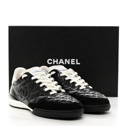Chanel Calfskin Suede Quilted Womens Logo Sneakers 38 Black White 10 of 10