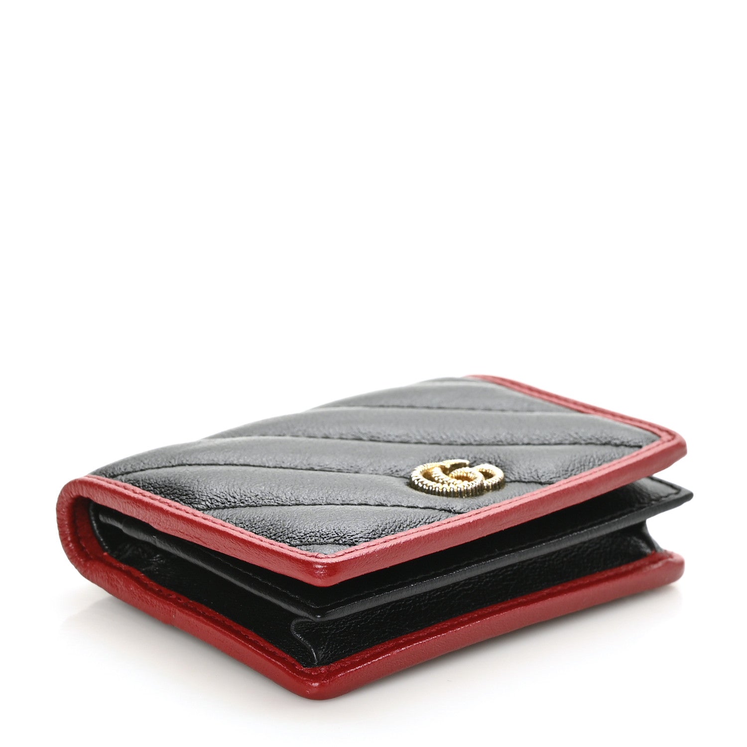 Gucci Vintage Effect Calfskin Matelasse Diagonal Torchon GG Marmont Card Case Wallet Black Romantic Cherry 4 of 8