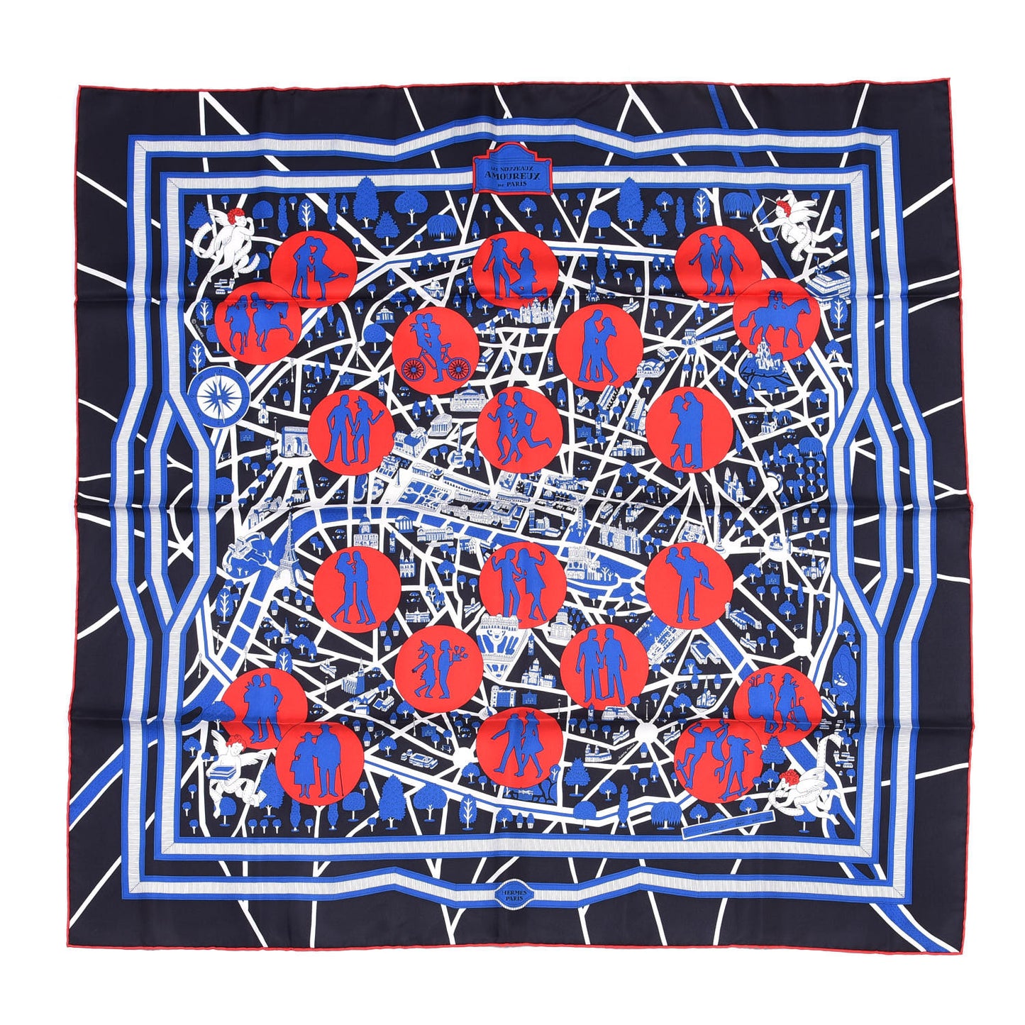 Silk Les Nouveaux Amoureux de Paris Scarf 90 Bleu Black Rouge White