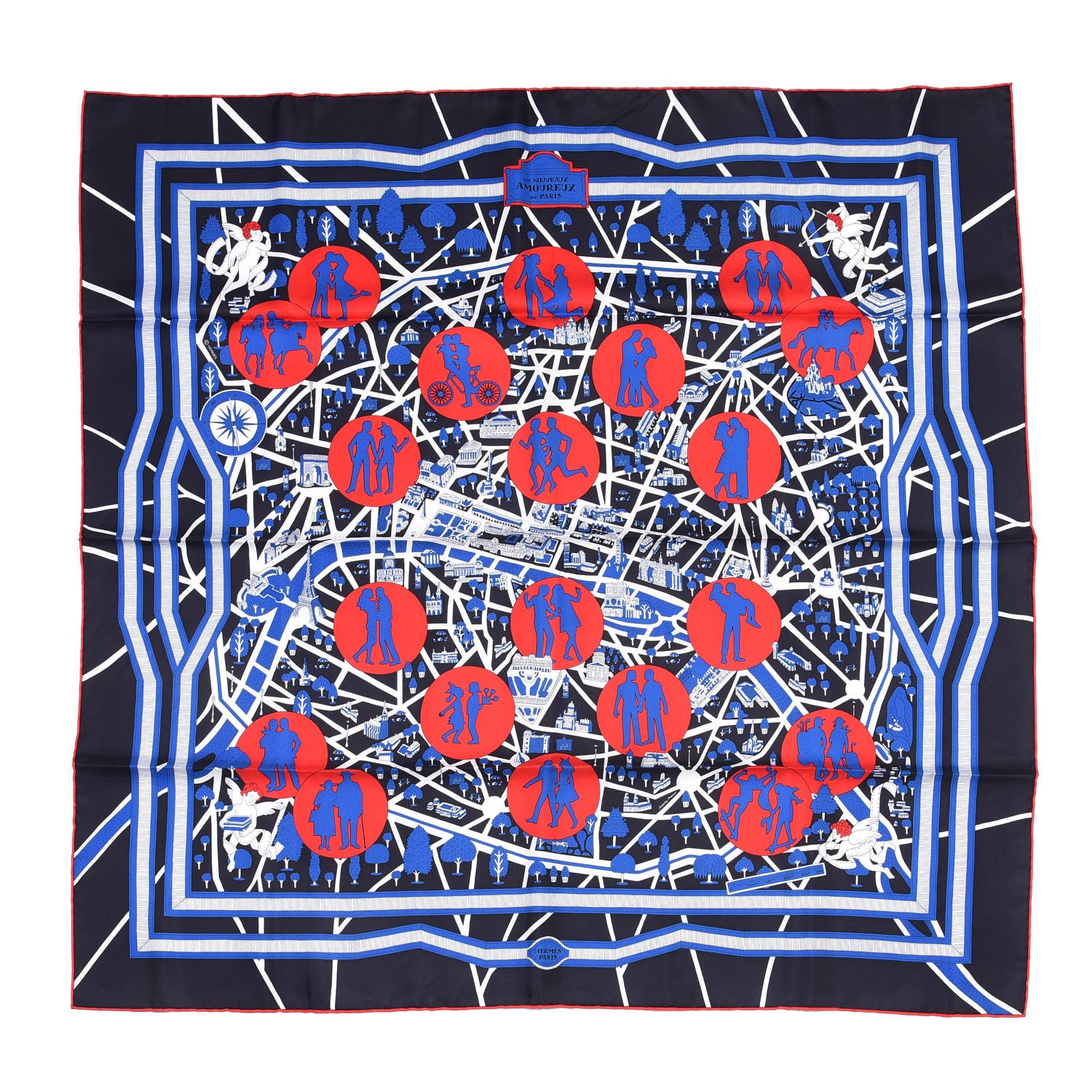 Hermes Silk Les Nouveaux Amoureux de Paris Scarf 90 Bleu Black Rouge White 1 of 4