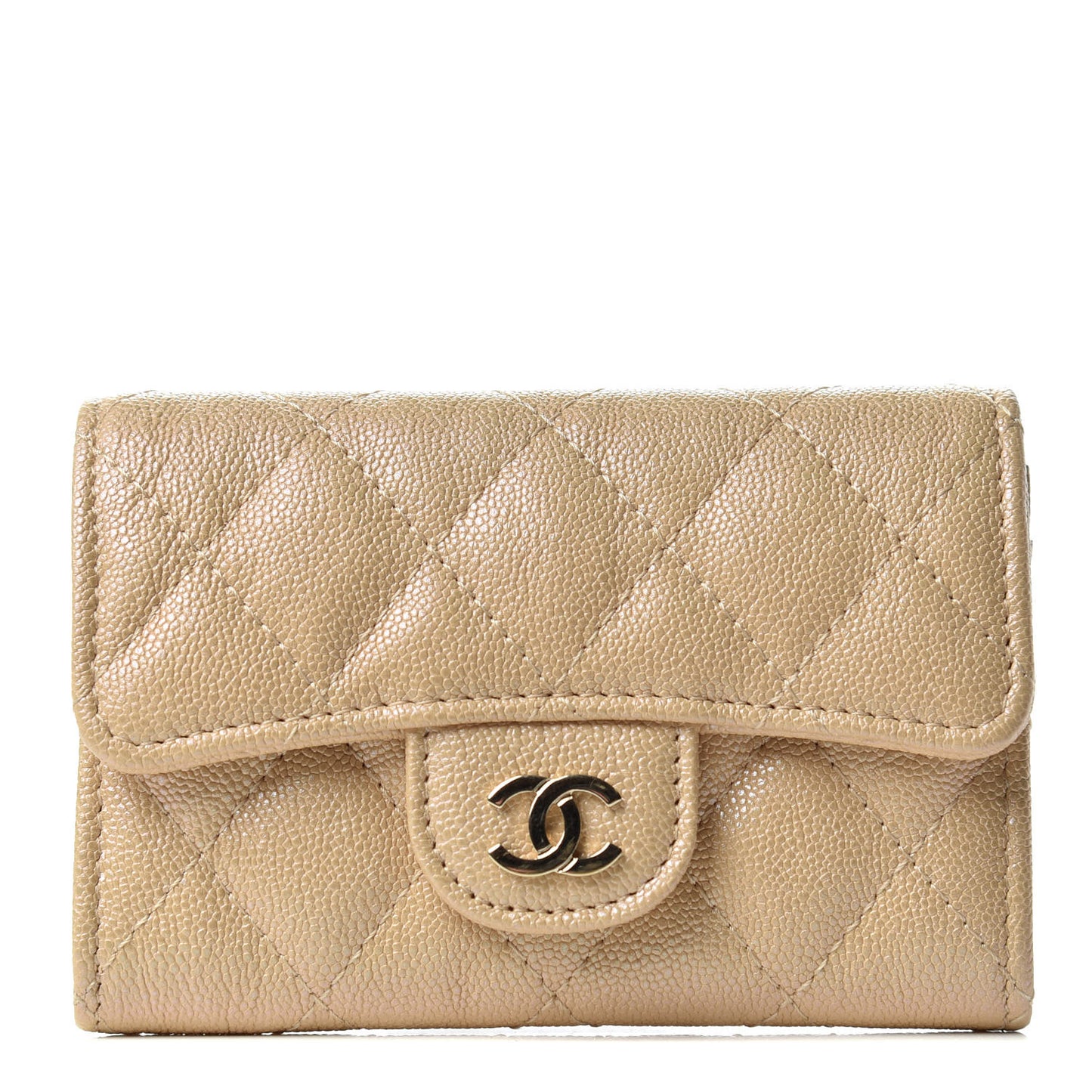 Iridescent Caviar Quilted Flap Card Holder Beige