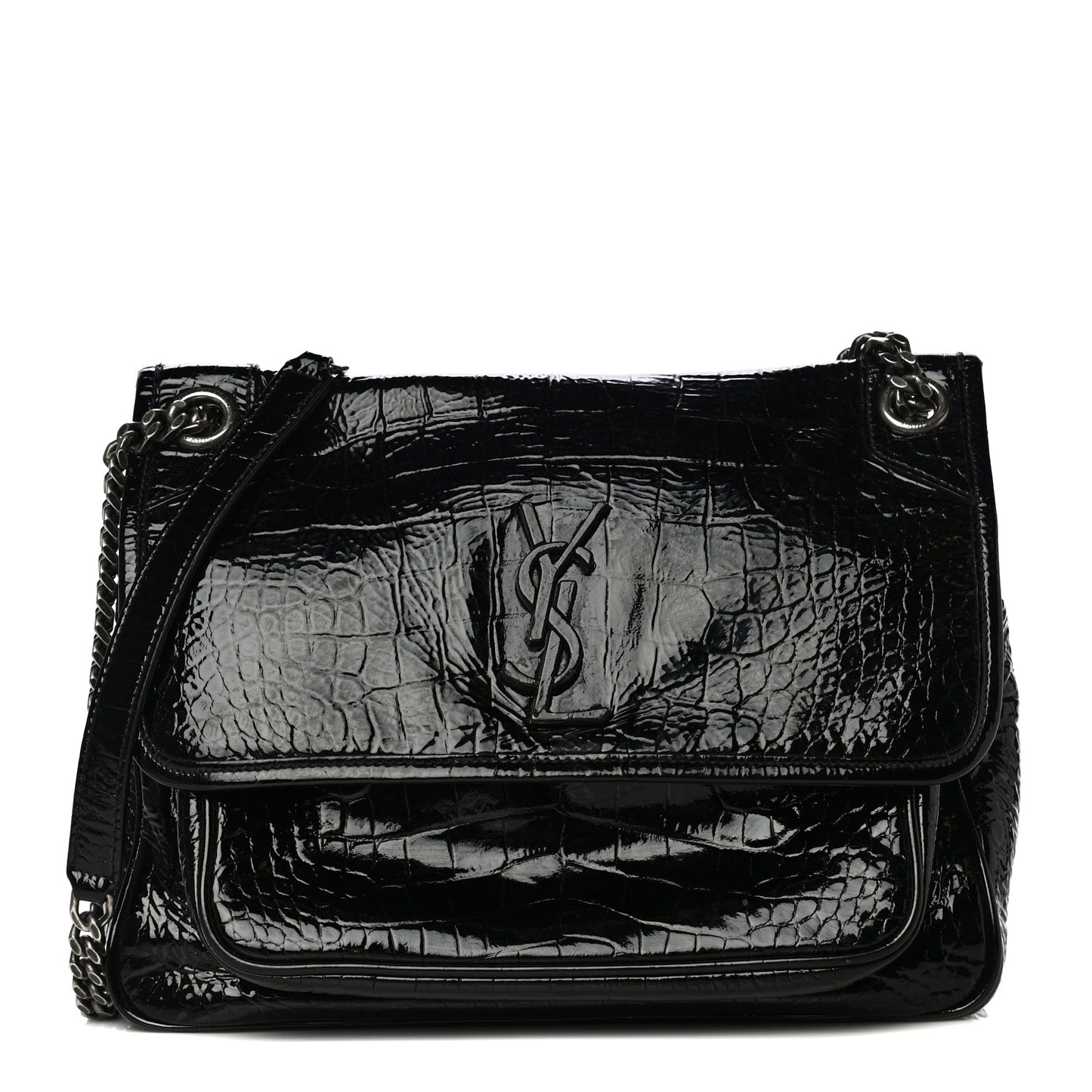 Patent Crocodile Embossed Lambskin Monogram Medium Niki Chain Satchel Black