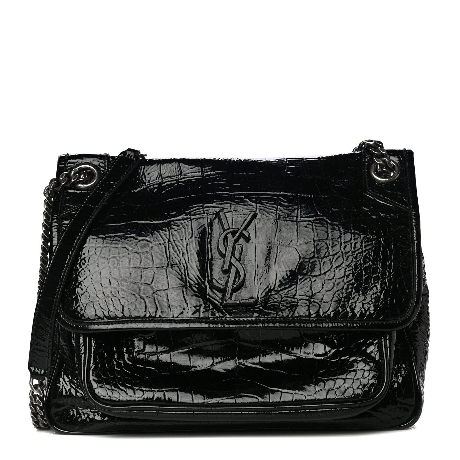 Saint Laurent Patent Crocodile Embossed Lambskin Monogram Medium Niki Chain Satchel Black 1 of 19