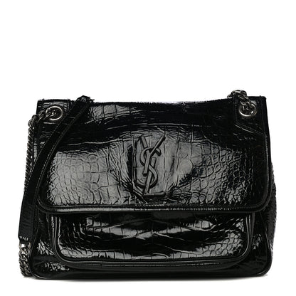 Saint Laurent Patent Crocodile Embossed Lambskin Monogram Medium Niki Chain Satchel Black 1 of 19