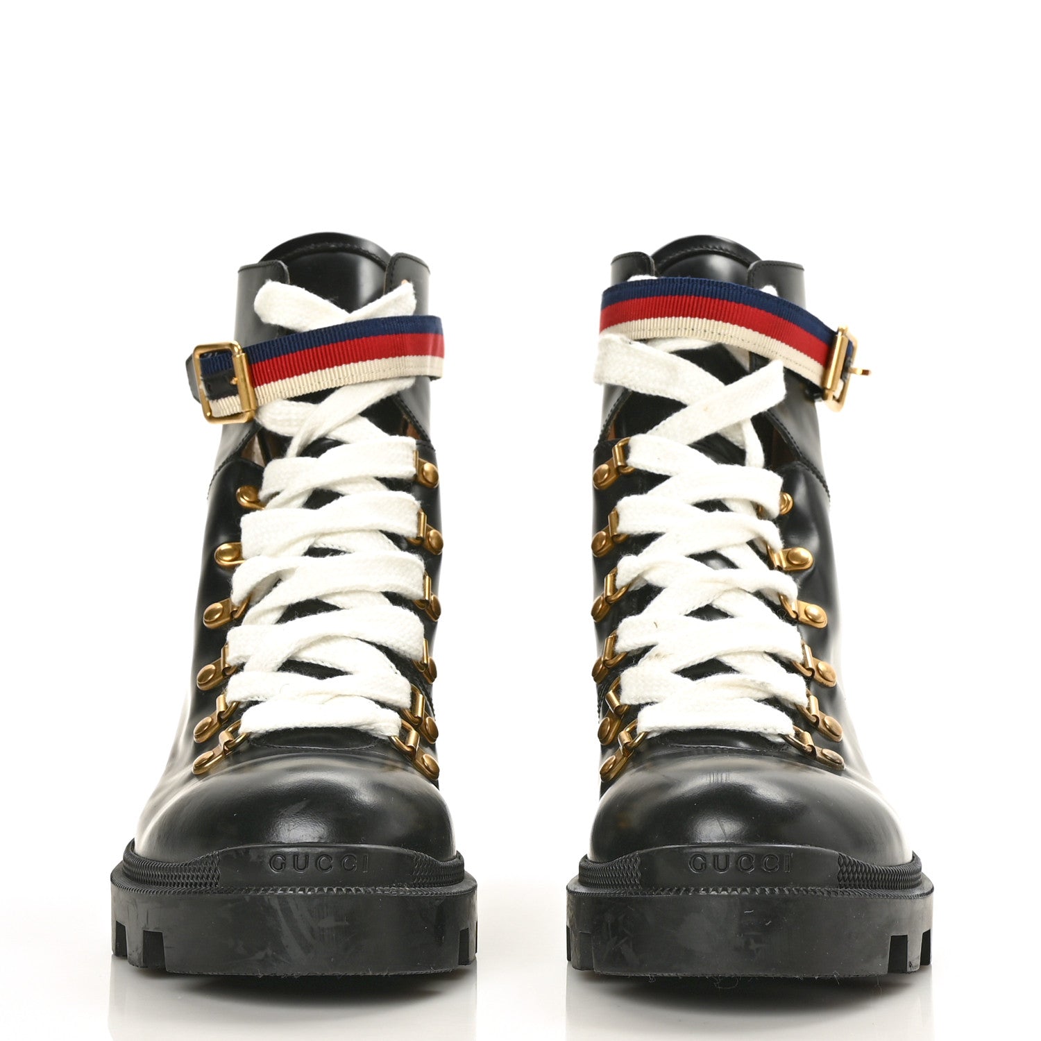 Gucci Calfskin Sylvie Web Lace Up Combat Boots 41 Black 2 of 7
