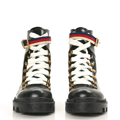 Gucci Calfskin Sylvie Web Lace Up Combat Boots 41 Black 2 of 7