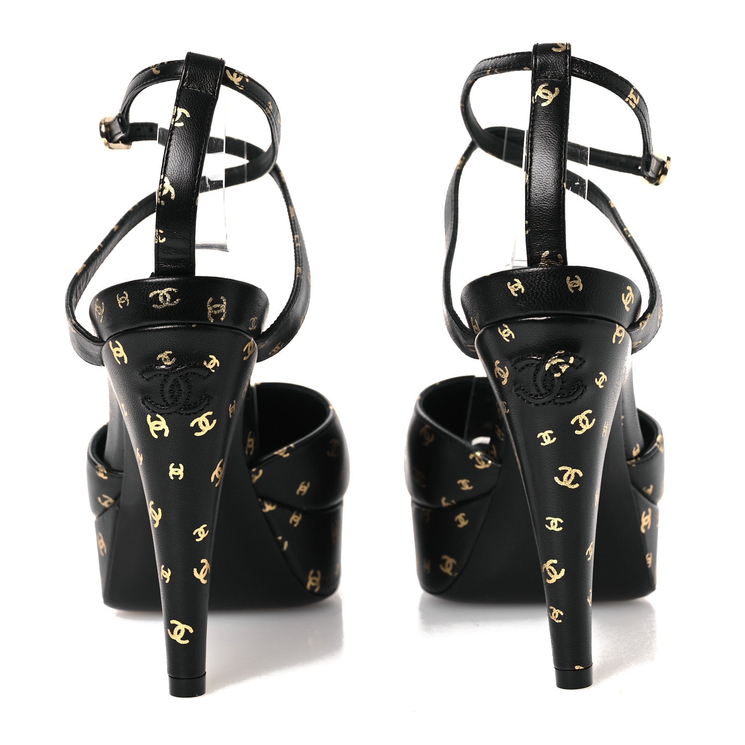 Chanel Printed Lambskin CC Platform Pumps 37.5 Black Gold 6 of 11