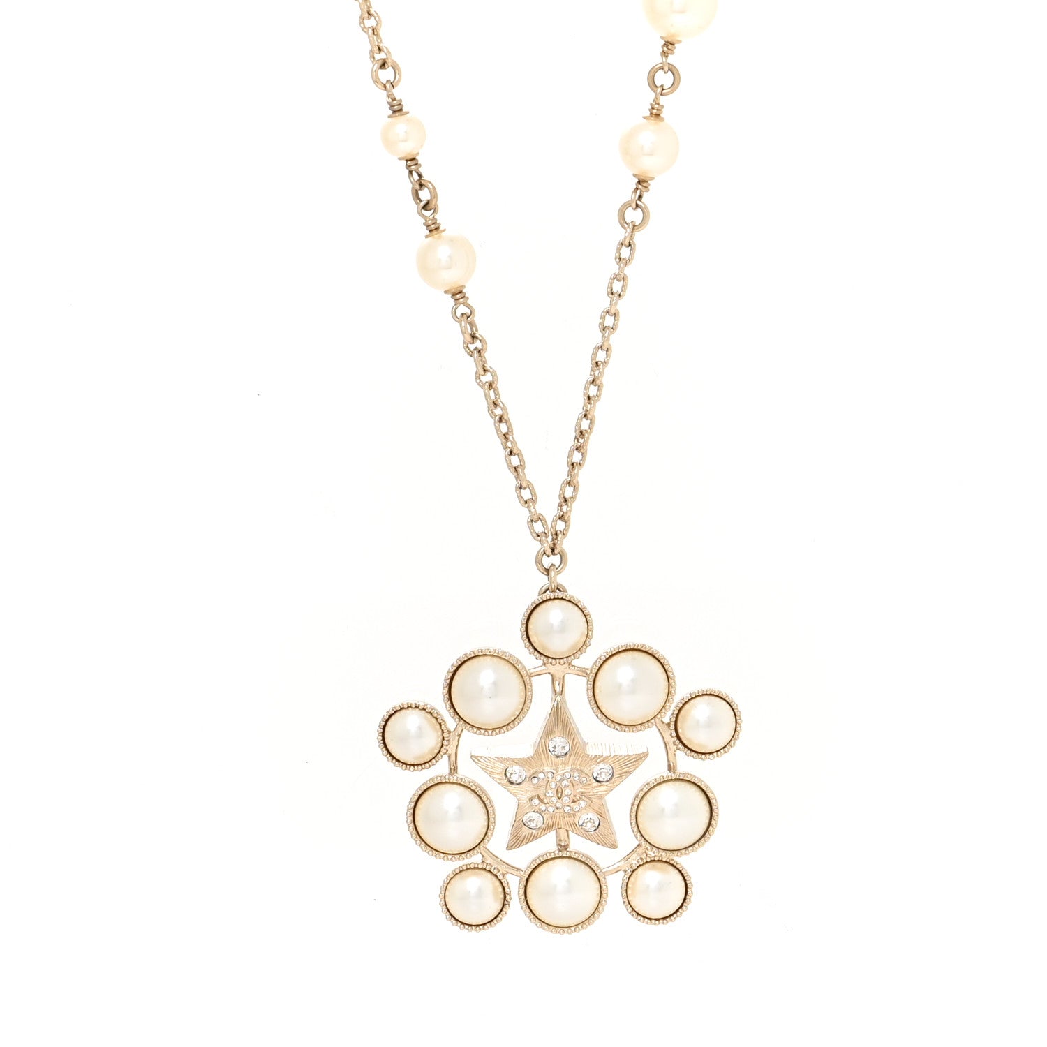 Chanel Crystal Pearl Star CC Pendant Necklace Gold 1 of 5